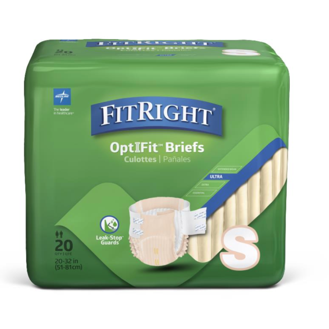 A pack of FitRight Unisex Ultra Incontinence Briefs features a green background, 4D Core technology, and Leak-Stop Guards for maximum absorbency. Size S fits waists 20-32 inches, and each pack contains 20 briefs.